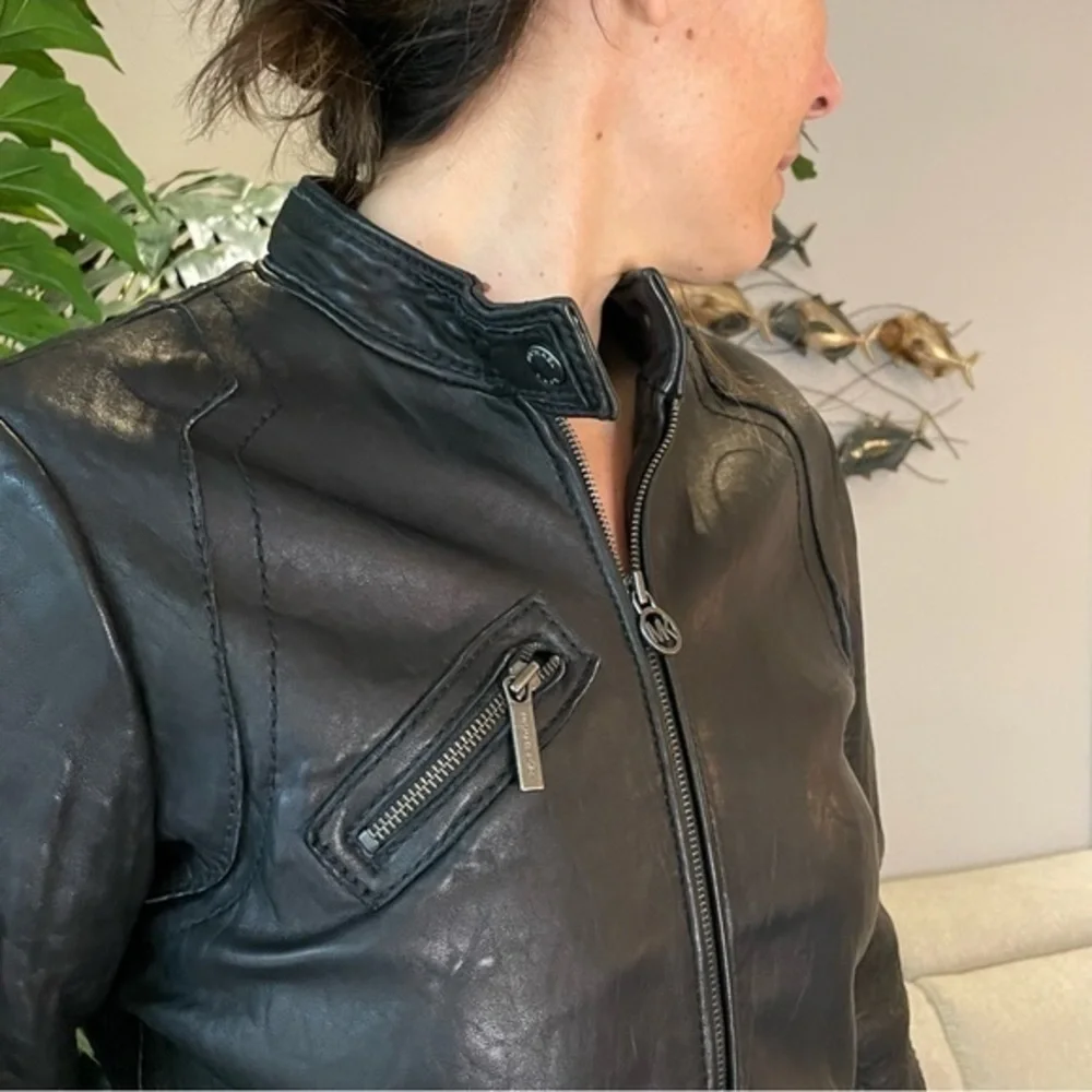 MICHAEL KORS BLACK LEATHER CAFE RACER MOTO JACKET L - Picture 6 of 9